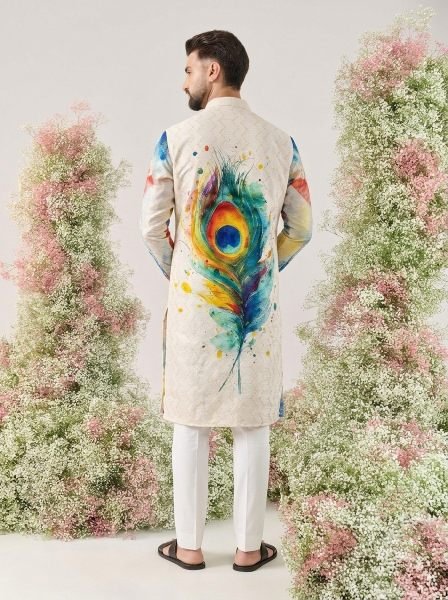 Janmashtami Special Men’s Cotton Kurta with Digital Print and Crochet Work Kurta Pajama Wholesale