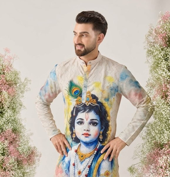 Janmashtami Special Men’s Cotton Kurta with Digital Print and Crochet Work Kurta Pajama Wholesale