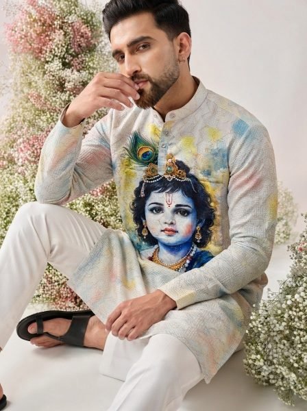 Janmashtami Special Men’s Cotton Kurta with Digital Print and Crochet Work Kurta Pajama Wholesale