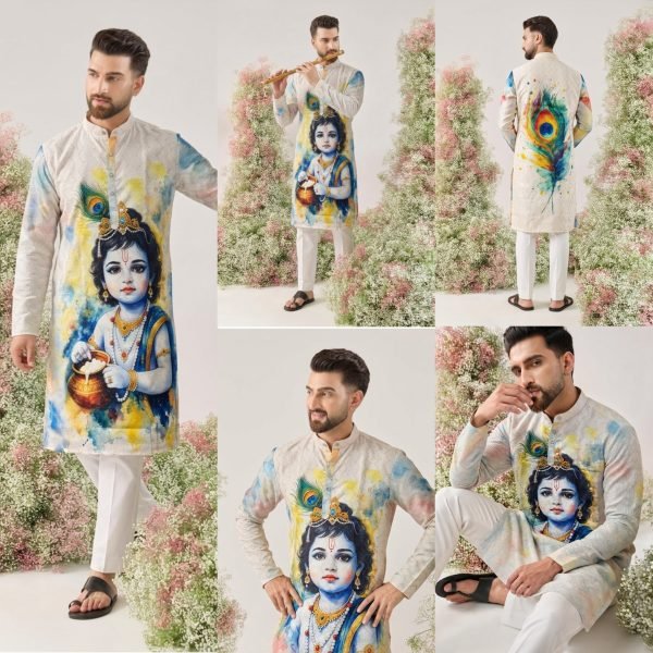 Janmashtami Special Men’s Cotton Kurta with Digital Print and Crochet Work Kurta Pajama Wholesale