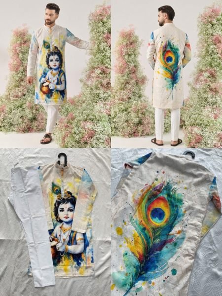 Janmashtami Special Men’s Cotton Kurta with Digital Print and Crochet Work Kurta Pajama Wholesale