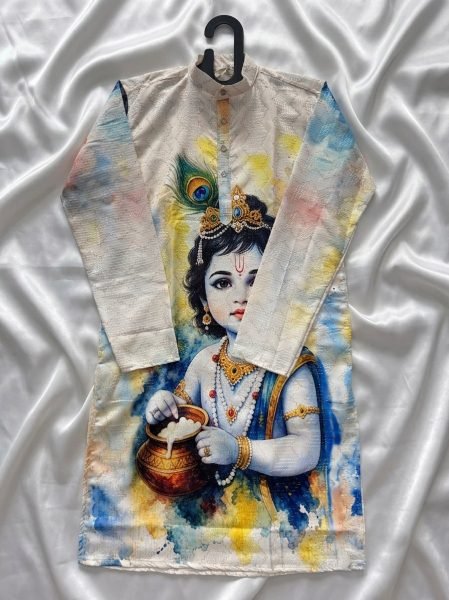 Janmashtami Special Men’s Cotton Kurta with Digital Print and Crochet Work Kurta Pajama Wholesale