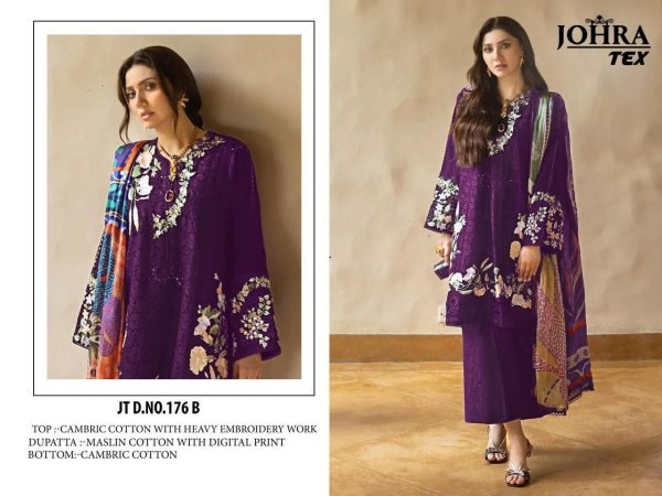 Johra Tex 176B Cambric Cotton Embroidered Suit with Maslin Dupatta for Retailers at Wholesale Rate Cotton Salwar Kameez Wholesale