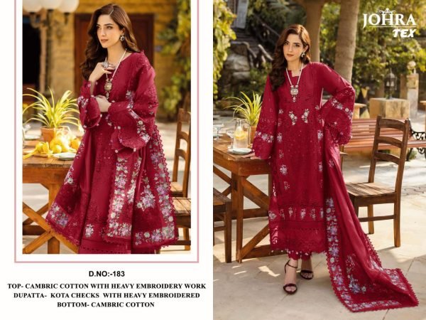 Johra Tex Cambric Cotton Heavy Embroidery Suit Set with Kota Checks Dupatta at Wholesale Rate  Cotton Salwar Kameez Wholesale