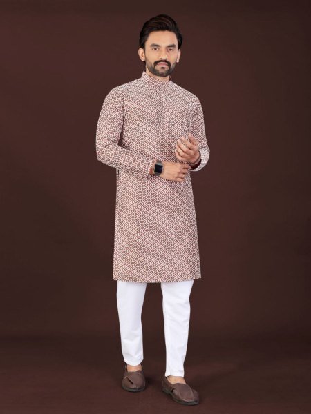Jompers Men Cream Coral Floral Chikankari Embroidered Cotton Kurta  Mens Wear
