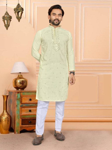 Jompers Pista Green Men Embroidered Straight Kurta Pajama Set Kurta Pajama Wholesale