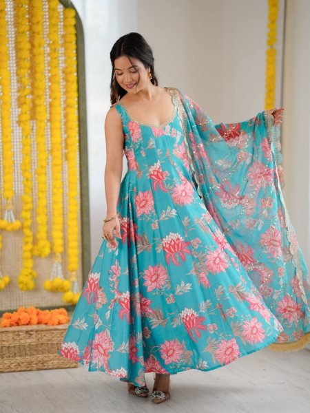 Just In Aqua Muslin Floral Gown Set with Comfortable Pant and Dupatta 