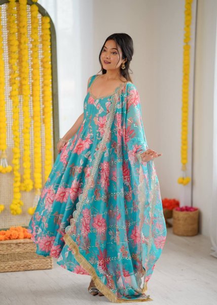 Just In Aqua Muslin Floral Gown Set with Comfortable Pant and Dupatta Ready To Wear Collection