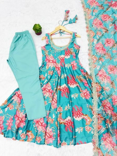 Just In Aqua Muslin Floral Gown Set with Comfortable Pant and Dupatta Ready To Wear Collection