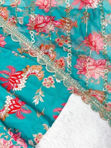 Just In Aqua Muslin Floral Gown Set with Comfortable Pant and Dupatta Ready To Wear Collection