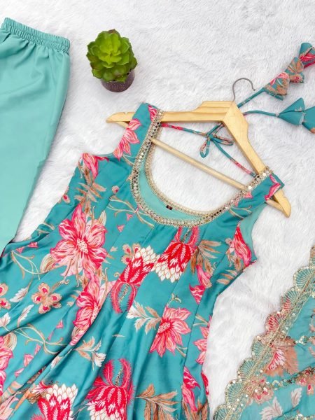 Just In Aqua Muslin Floral Gown Set with Comfortable Pant and Dupatta Ready To Wear Collection