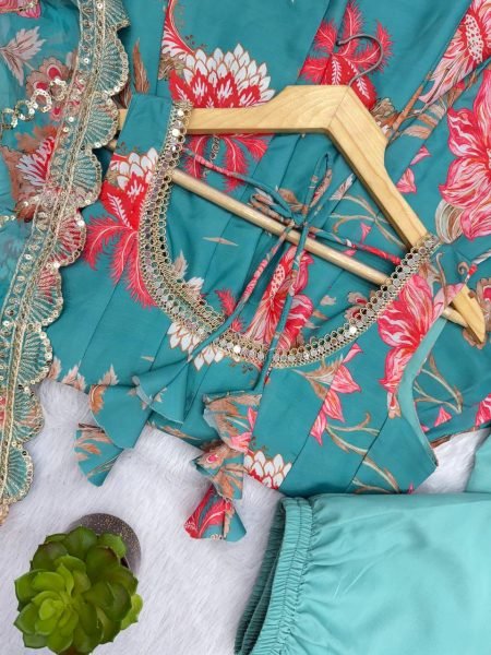 Just In Aqua Muslin Floral Gown Set with Comfortable Pant and Dupatta Ready To Wear Collection