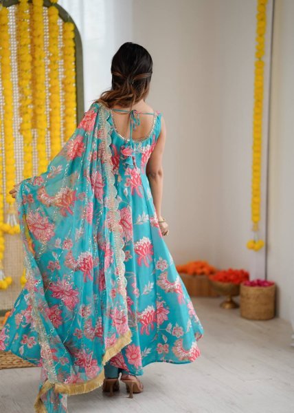 Just In Aqua Muslin Floral Gown Set with Comfortable Pant and Dupatta Ready To Wear Collection