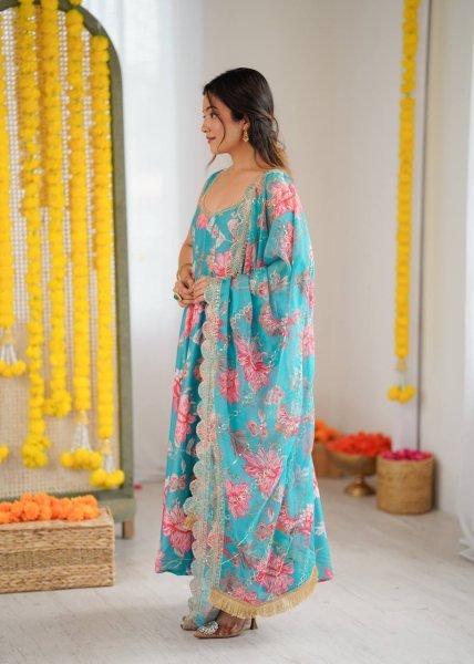 Just In Aqua Muslin Floral Gown Set with Comfortable Pant and Dupatta Ready To Wear Collection