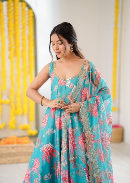 Just In Aqua Muslin Floral Gown Set with Comfortable Pant and Dupatta Ready To Wear Collection