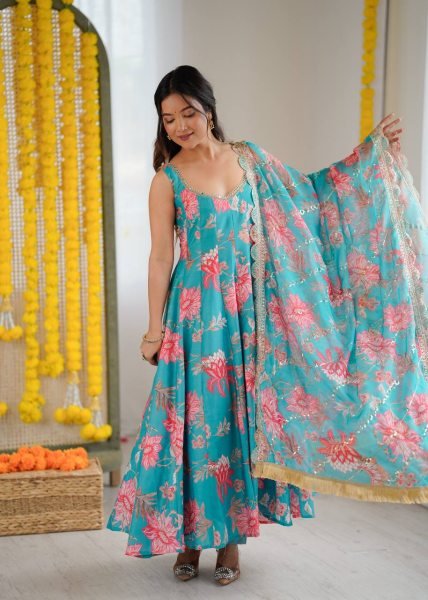 Just In Aqua Muslin Floral Gown Set with Comfortable Pant and Dupatta Ready To Wear Collection