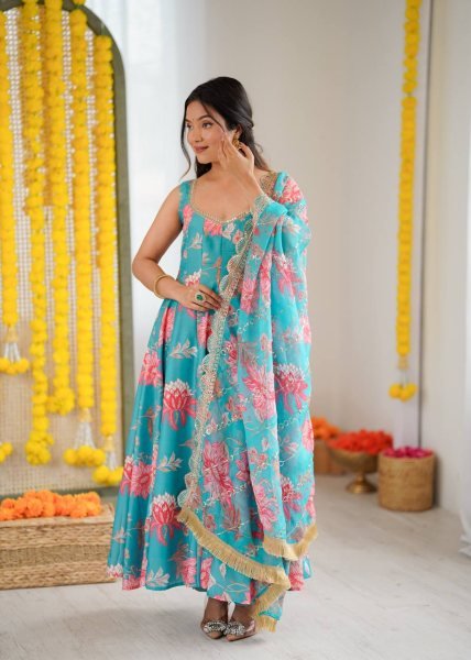 Just In Aqua Muslin Floral Gown Set with Comfortable Pant and Dupatta Ready To Wear Collection