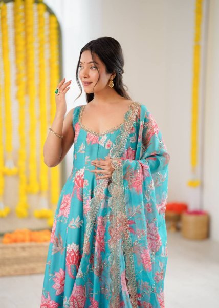 Just In Aqua Muslin Floral Gown Set with Comfortable Pant and Dupatta Ready To Wear Collection