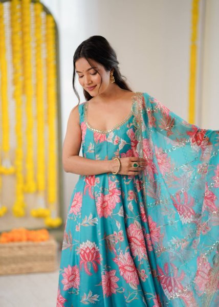 Just In Aqua Muslin Floral Gown Set with Comfortable Pant and Dupatta Ready To Wear Collection