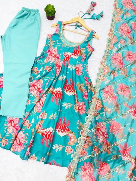 Just In Aqua Muslin Floral Gown Set with Comfortable Pant and Dupatta Ready To Wear Collection