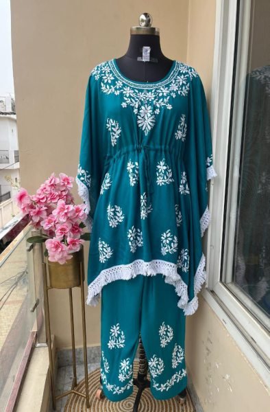 Matching Set of Rayon Kaftan & Plazo Lucknowi Handwork Style for Everyday  Lucknowi Chikankari Kurtis Wholesale