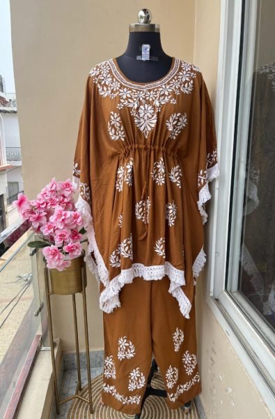 Matching Set of Rayon Kaftan & Plazo Lucknowi Handwork Style for Everyday  Lucknowi Chikankari Kurtis Wholesale