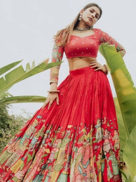 Kalamkari Cotton Lehenga Choli with Flared Lehenga and Dupatta for Celebrations  Lehenga
