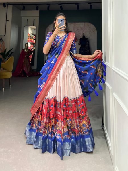Kalamkari Print With Weaving Border Dola Silk Lehenga Choli  Navratri Lehnega Choli