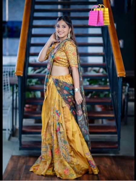 Kalamkari Print Yellow Color Ceremony Wear Lehenga Choli 