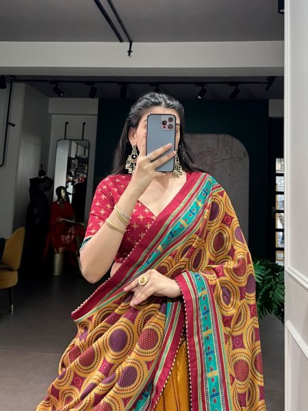 Kalamkari Printed Dola Silk Lehenga Choli With Blouse And Patterned Dupatta Designer Lehenga Choli