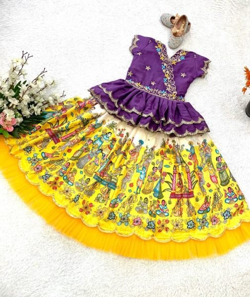 Kalamkari Printed Kids Lehenga Choli Set  Girls Wear