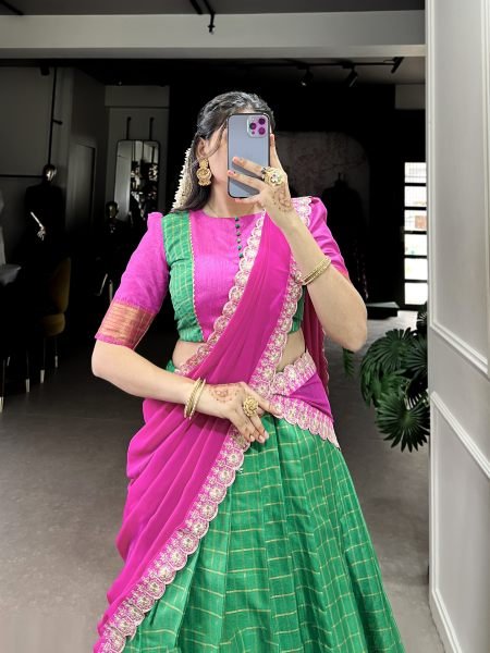 Kalyani Green Half Saree Lehenga with Weaving Work  Stitched Blouse   Embroidered Georgette Dupatta Half Saree Lehenga