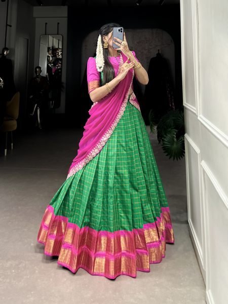 Kalyani Green Half Saree Lehenga with Weaving Work  Stitched Blouse   Embroidered Georgette Dupatta Half Saree Lehenga