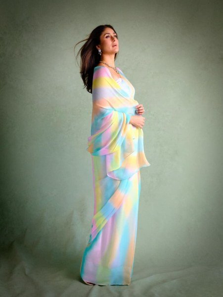 Kareena Kapoor Wear Multi Color Chiffon Digital Print Saree For Event Bollywood Fancy Sarees Wholesale
