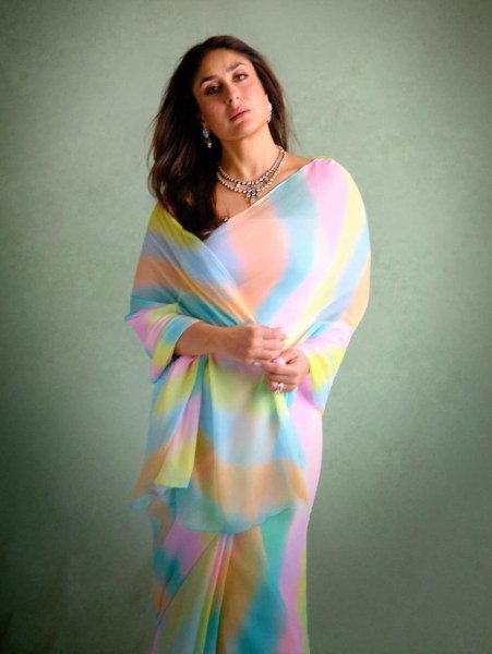 Kareena Kapoor Wear Multi Color Chiffon Digital Print Saree For Event Bollywood Fancy Sarees Wholesale