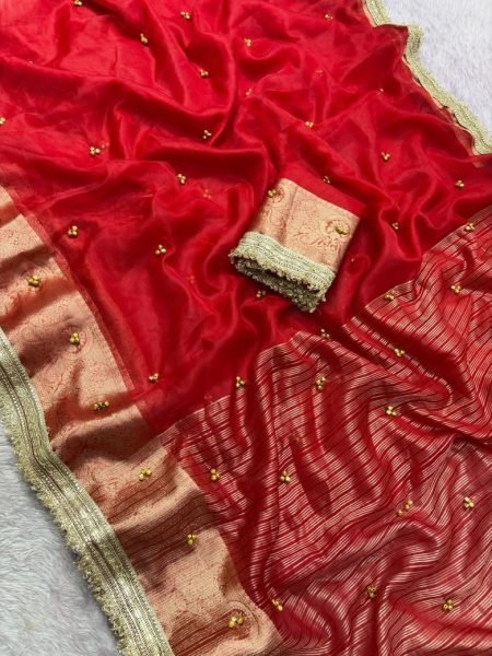 Karva Chath Special Red Organza Silk Ghungroo Saree with Banarasi Borde Silk Sarees Wholesale