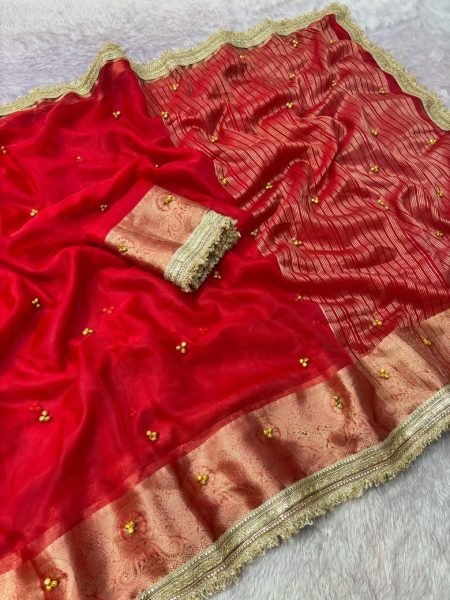 Karva Chath Special Red Organza Silk Ghungroo Saree with Banarasi Borde Silk Sarees Wholesale