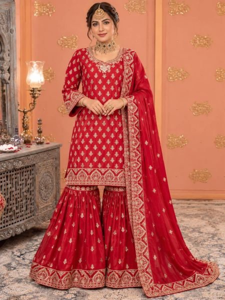 Karva Chauth Special Red Chinon Kurti Sharara Set with Heavy Embroidery For Export Ready To Wear Suit