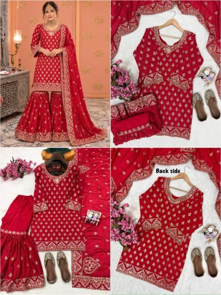 Karva Chauth Special Red Chinon Kurti Sharara Set with Heavy Embroidery For Export Ready To Wear Collection