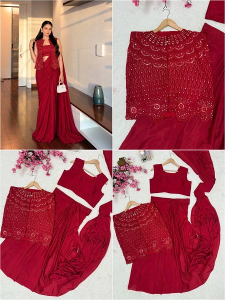 Karva Chauth Special Red Chinon Silk Jacket Saree Lehenga Set at Wholesale Rate Ready To Wear Saree 