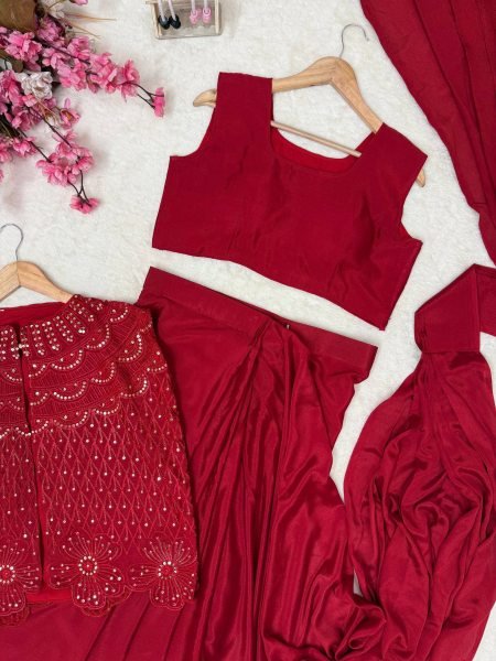 Karva Chauth Special Red Chinon Silk Jacket Saree Lehenga Set at Wholesale Rate Ready To Wear Saree 