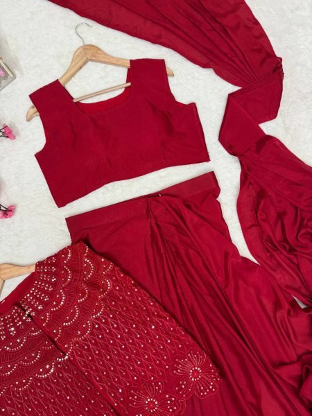 Karva Chauth Special Red Chinon Silk Jacket Saree Lehenga Set at Wholesale Rate Ready To Wear Saree 