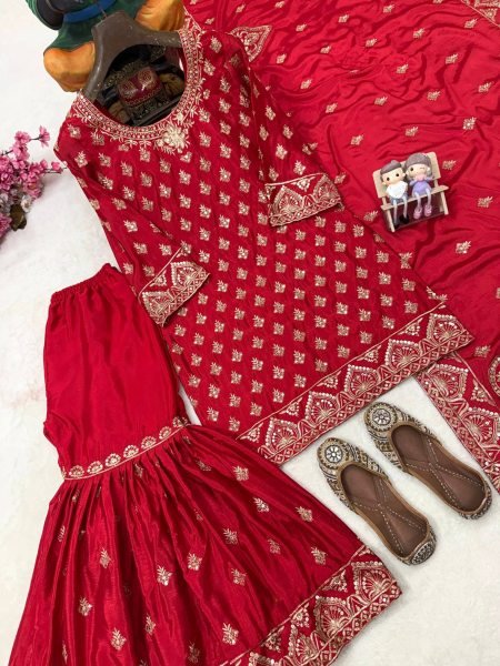 Karva Chauth Special Red Chinon Kurti Sharara Set with Heavy Embroidery For Export Ready To Wear Collection