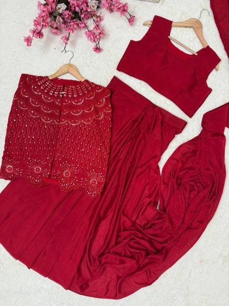 Karva Chauth Special Red Chinon Silk Jacket Saree Lehenga Set at Wholesale Rate Ready To Wear Saree 