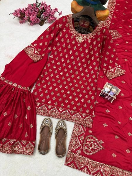 Karva Chauth Special Red Chinon Kurti Sharara Set with Heavy Embroidery For Export Ready To Wear Collection