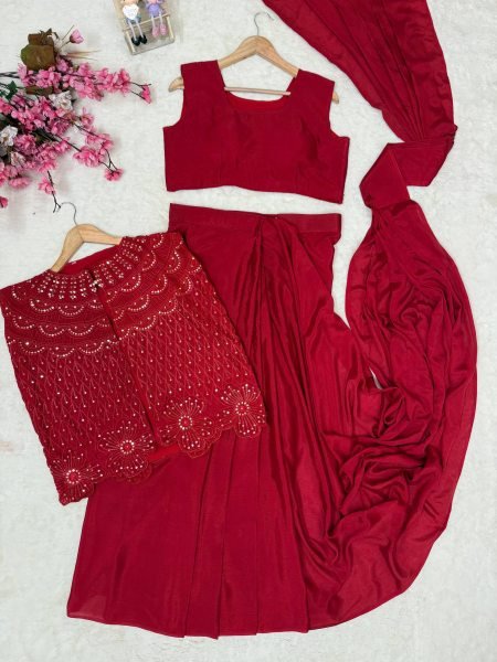 Karva Chauth Special Red Chinon Silk Jacket Saree Lehenga Set at Wholesale Rate Ready To Wear Saree 