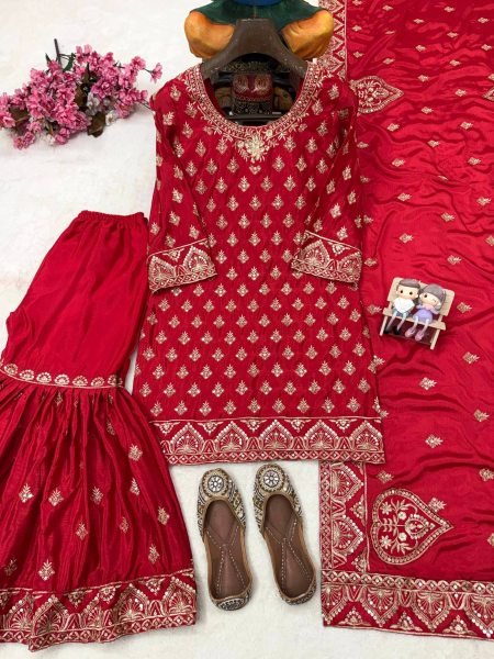 Karva Chauth Special Red Chinon Kurti Sharara Set with Heavy Embroidery For Export Ready To Wear Collection
