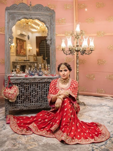 Karva Chauth Special Red Chinon Kurti Sharara Set with Heavy Embroidery For Export Ready To Wear Collection