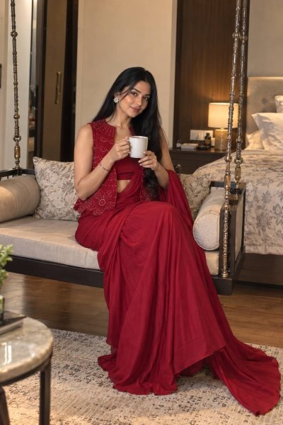 Karva Chauth Special Red Chinon Silk Jacket Saree Lehenga Set at Wholesale Rate Ready To Wear Saree 
