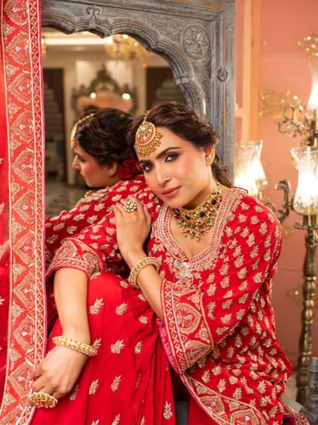 Karva Chauth Special Red Chinon Kurti Sharara Set with Heavy Embroidery For Export Ready To Wear Collection